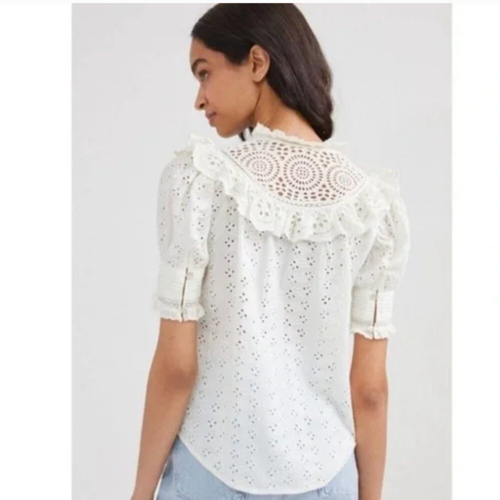 Anthropologie Love the Label Dreamer Ruffled Eyelet Blouse In White - Picture 3 of 10